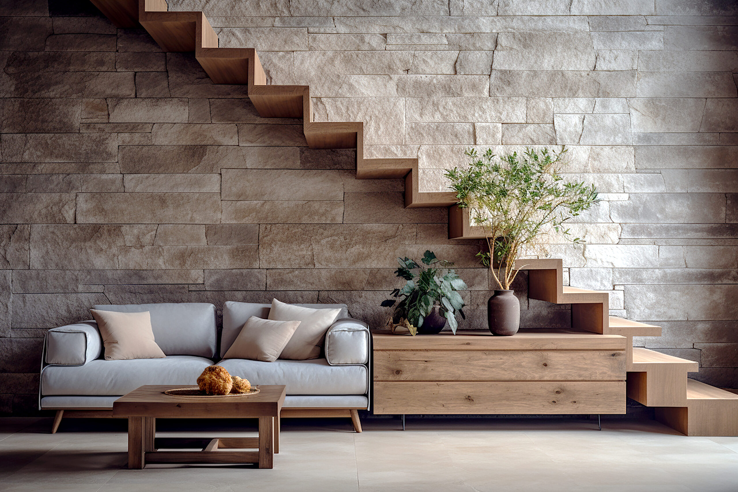 Interior of modern house. Wooden stairs near stone wall, wide panoramic windows, sofa, wooden cabinet shelf, ornamental plant in the living room. Cozy and stylish home interior design. Generative AI