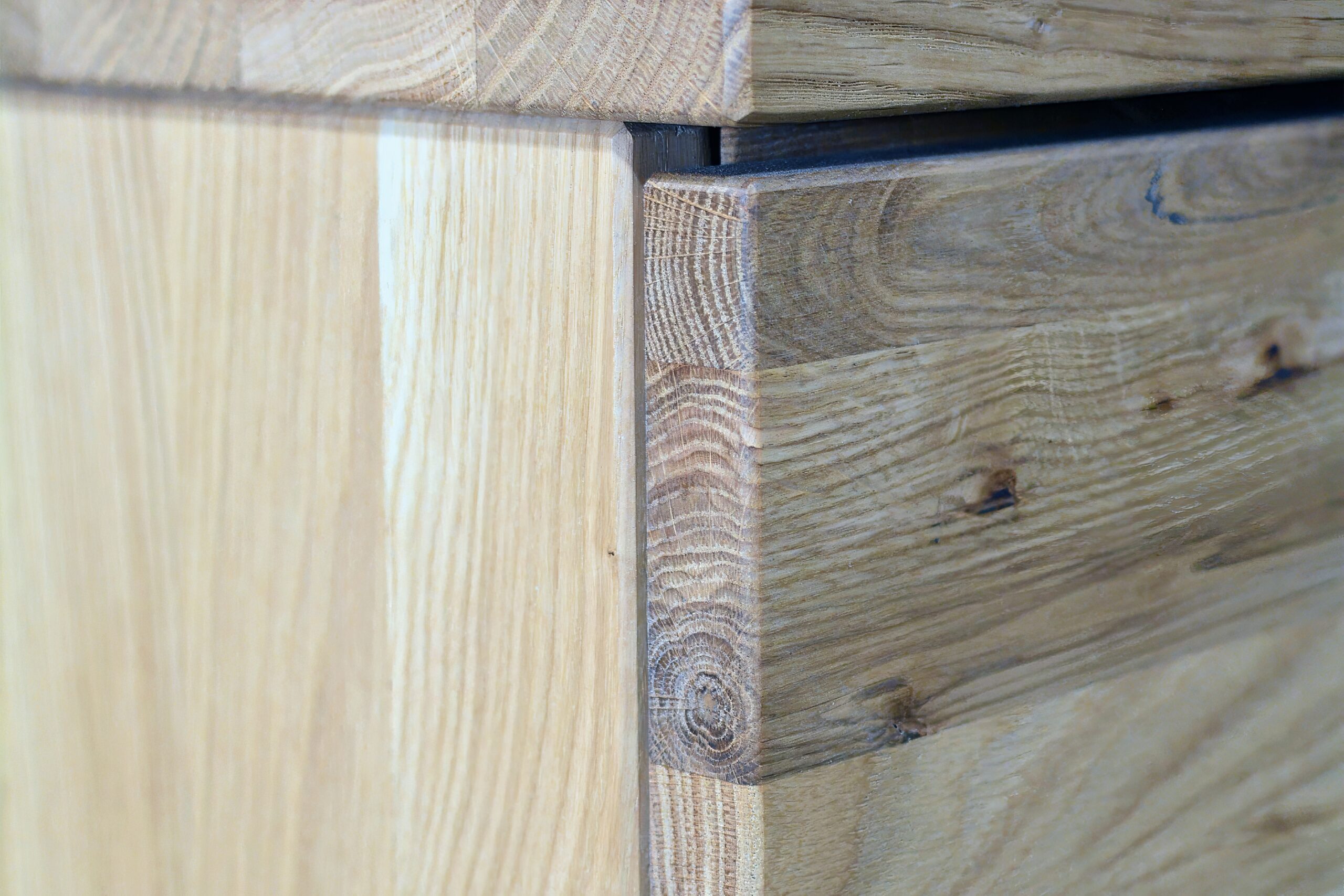 Wooden dresser surface. Natural wood furniture close view